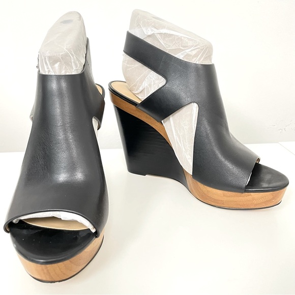 Michael Kors Josephine black leather-wood wedge sandals silver buckle 4.5”H Sz9 - Picture 1 of 16